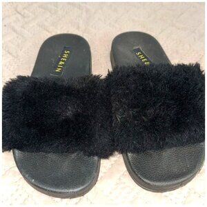 Shein Black Faux Fur Slides Womens Size 39 Casual Slip-On Sandals